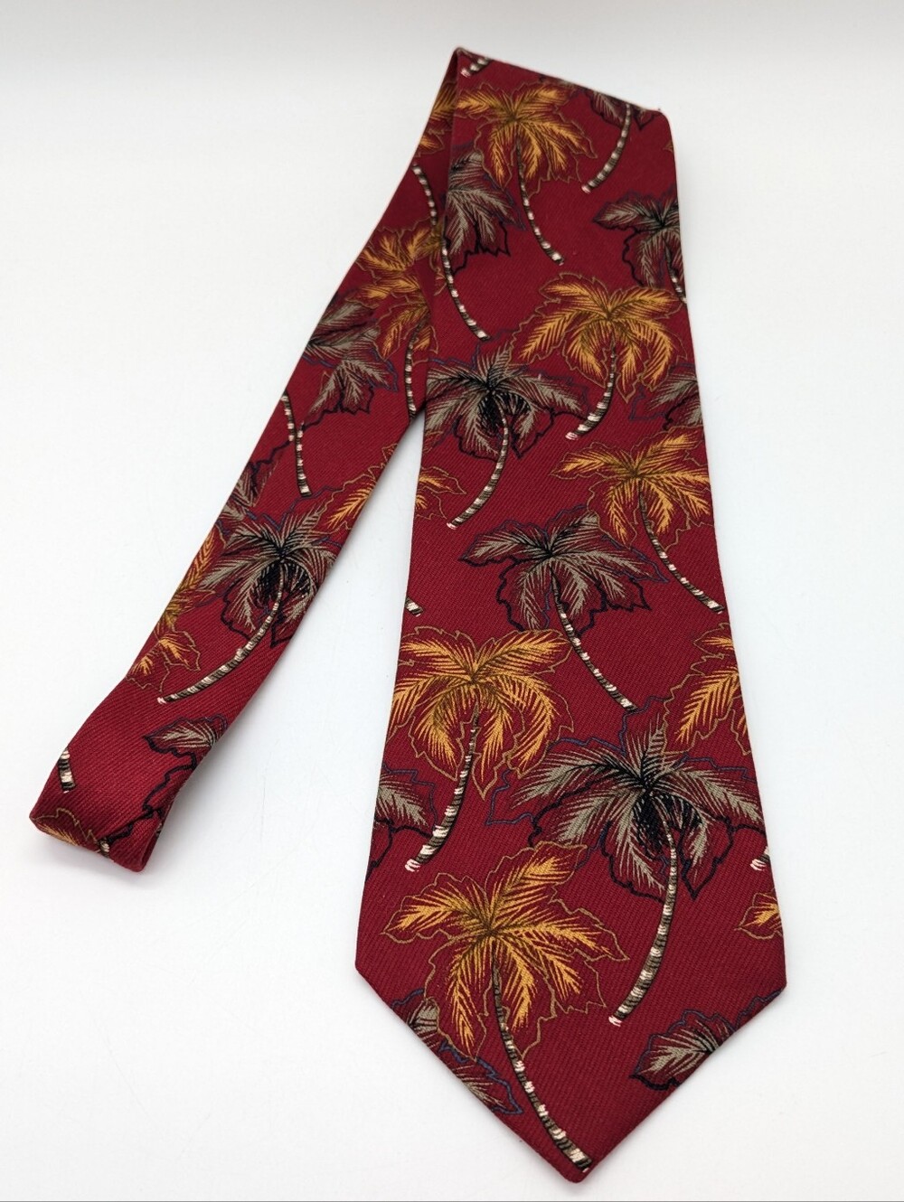 Vintage Cutter & Buck Maroon Yellow Palm Tree Mens Silk Neck Tie